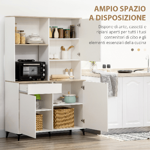 HOMCOM-Dispensa-Cucina-in-Truciolato-e-MDF-con-Ripiani-Aperti-Armadietti-e-Cassetto-119x41x180-cm-Bianco