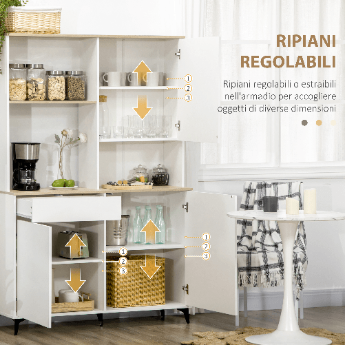 HOMCOM-Dispensa-Cucina-in-Truciolato-e-MDF-con-Ripiani-Aperti-Armadietti-e-Cassetto-119x41x180-cm-Bianco