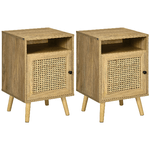 HOMCOM Set 2 Comodini in Stile Boho con Armadietto e Ripiano Aperto, in Truciolato, Rattan e MDF, 39x35x60 cm