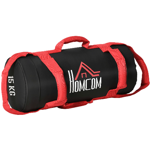 HOMCOM-Sacca-Bulgara-da-15kg-con-6-Cinghie-per-Allenamento-Fitness-in-Casa-Ufficio-e-Palestra-Ø22x55-cm-Nero-e-Rosso