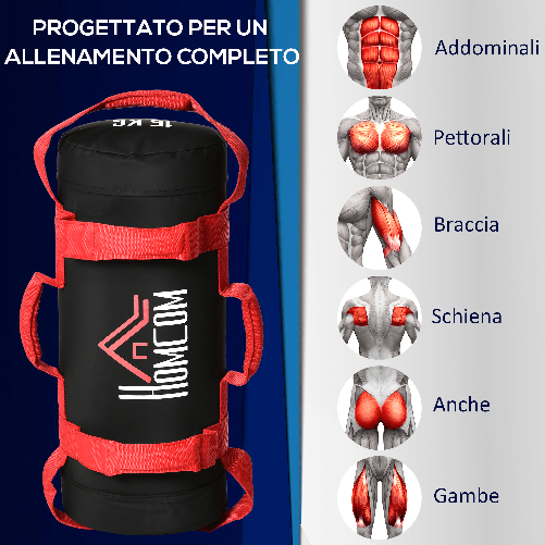 HOMCOM-Sacca-Bulgara-da-15kg-con-6-Cinghie-per-Allenamento-Fitness-in-Casa-Ufficio-e-Palestra-Ø22x55-cm-Nero-e-Rosso