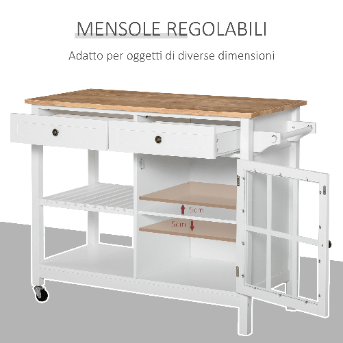 HOMCOM-Carrello-da-Cucina-in-Legno-Multiuso-2-Ruote-Cassetti-e-Mensole---Bianco