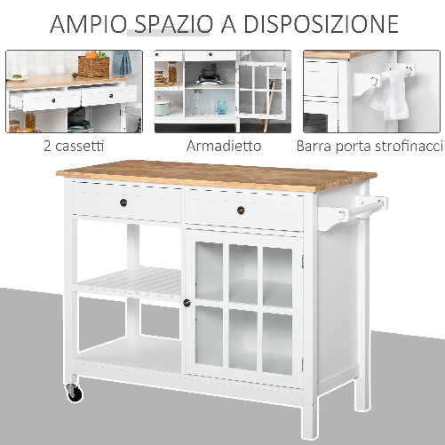 HOMCOM-Carrello-da-Cucina-in-Legno-Multiuso-2-Ruote-Cassetti-e-Mensole---Bianco