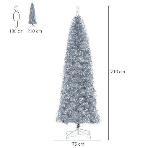 HOMCOM-Albero-di-Natale-Artificiale-Alto-210cm-con-818-Rami-Albero-di-Natale-Slim-con-Base-Rimovibile-in-PET-e-Acciaio-Argento