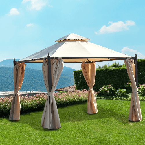 Outsunny-Gazebo-da-Giardino-3-x-3m-con-4-Tende-Laterali-e-Doppio-Tetto-Beige