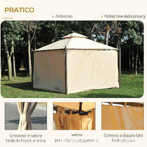 Outsunny-Gazebo-da-Giardino-3-x-3m-con-4-Tende-Laterali-e-Doppio-Tetto-Beige
