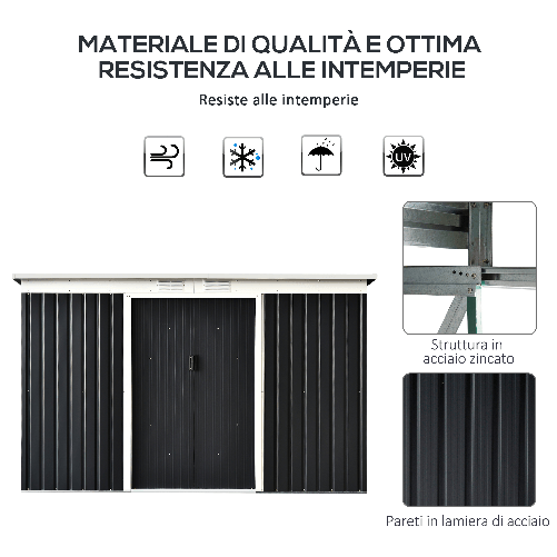 Outsunny-Casetta-da-Giardino-Porta-Utensili-in-Lamiera-di-Acciaio-con-Porte-Scorrevoli-280x130x172cm-Grigio-Nero