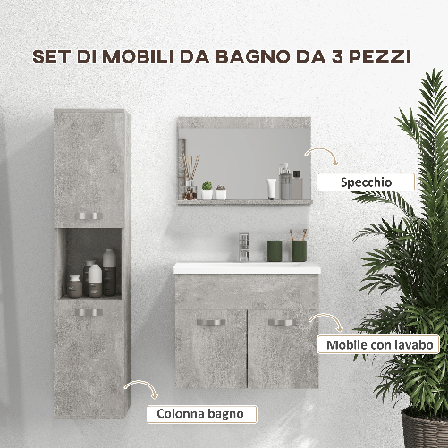 kleankin-Set-Mobili-Bagno-con-Mobile-Lavabo-60cm-e-Lavandino-in-Ceramica-Colonna-Bagno-e-Specchiera-Grigio