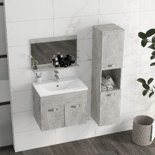 kleankin-Set-Mobili-Bagno-con-Mobile-Lavabo-60cm-e-Lavandino-in-Ceramica-Colonna-Bagno-e-Specchiera-Grigio