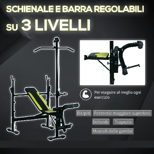 HOMCOM-Panca-Multifunzione-Stazione-Fitness-con-Schienale-Regolabile-su-3-Livelli-Supporto-Gambe-e-Barra-Superiore-175x110x202cm-Nero