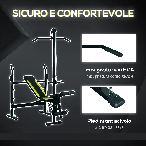 HOMCOM-Panca-Multifunzione-Stazione-Fitness-con-Schienale-Regolabile-su-3-Livelli-Supporto-Gambe-e-Barra-Superiore-175x110x202cm-Nero