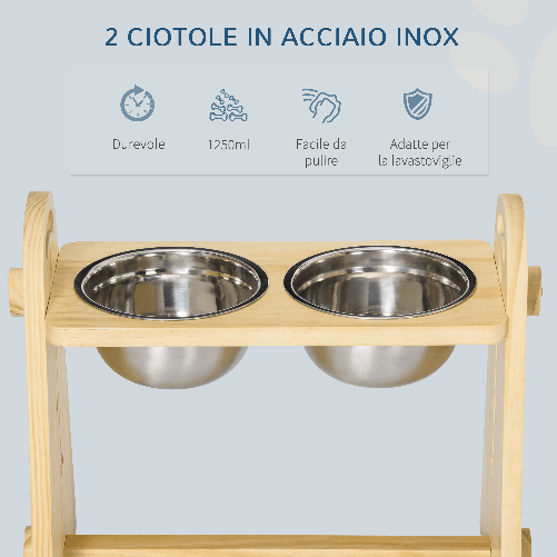 PawHut-Doppia-Ciotola-per-Cani-Rialzata-Regolabile-2-Ciotole-in-Acciaio-e-Base-in-Legno-per-Cani-Grandi-e-Piccoli-49x25x41cm