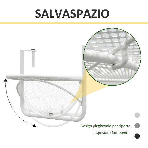 Outsunny-Tavolino-da-Ringhiera-Pieghevole-con-3-Altezze-Regolabili-in-Metallo-60x45x50cm-Bianco