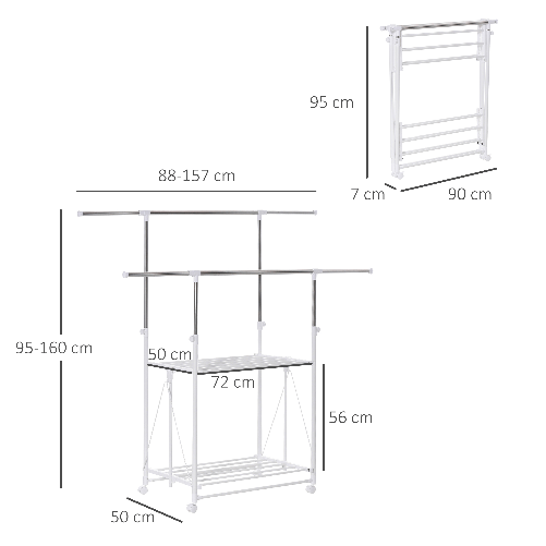 HOMCOM-Stender-Appendiabiti-e-Stendibiancheria-Estensibile-2-Ripiani-Altezza-Regolabile-e-Ruote-88-157x50x95-160cm-Bianco