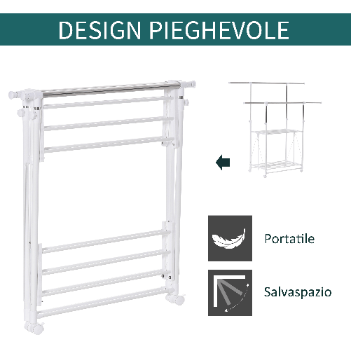 HOMCOM-Stender-Appendiabiti-e-Stendibiancheria-Estensibile-2-Ripiani-Altezza-Regolabile-e-Ruote-88-157x50x95-160cm-Bianco