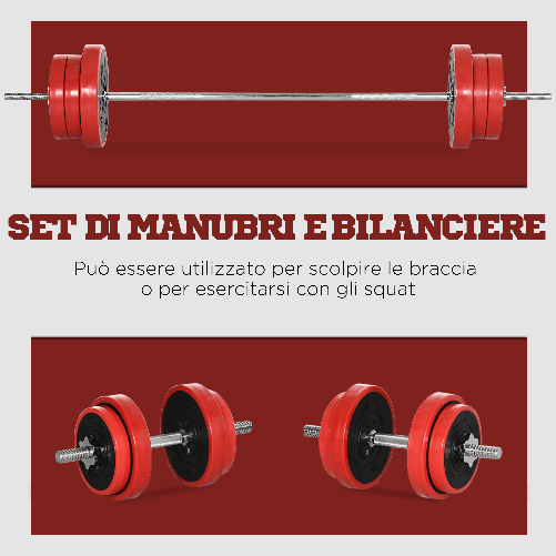 HOMCOM-Set-Bilanciere-e-Dischi-65kg-totali-per-Workout-in-Casa-in-Metallo-Sabbia-di-Ferro-e-Gomma-Rosso