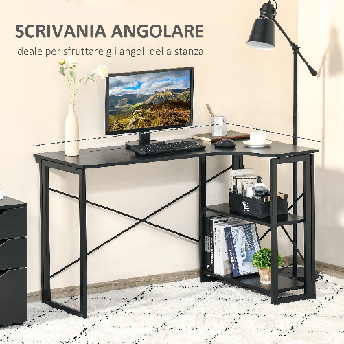HOMCOM-Scrivania-Angolare-a-Scomparsa-Pieghevole-con-2-Ripiani-Laterali-in-Legno-e-Metallo---Nera
