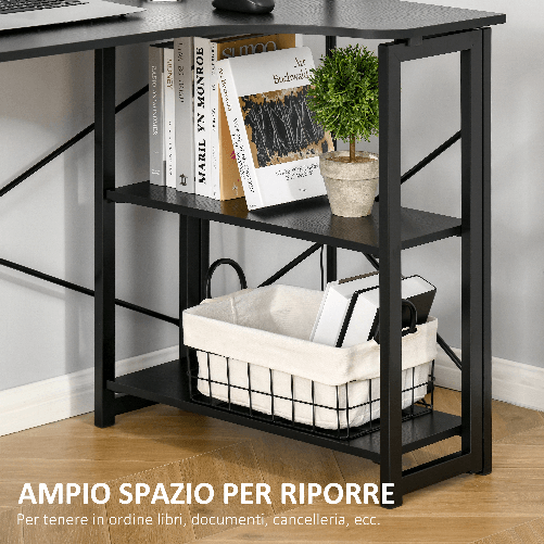 HOMCOM-Scrivania-Angolare-a-Scomparsa-Pieghevole-con-2-Ripiani-Laterali-in-Legno-e-Metallo---Nera