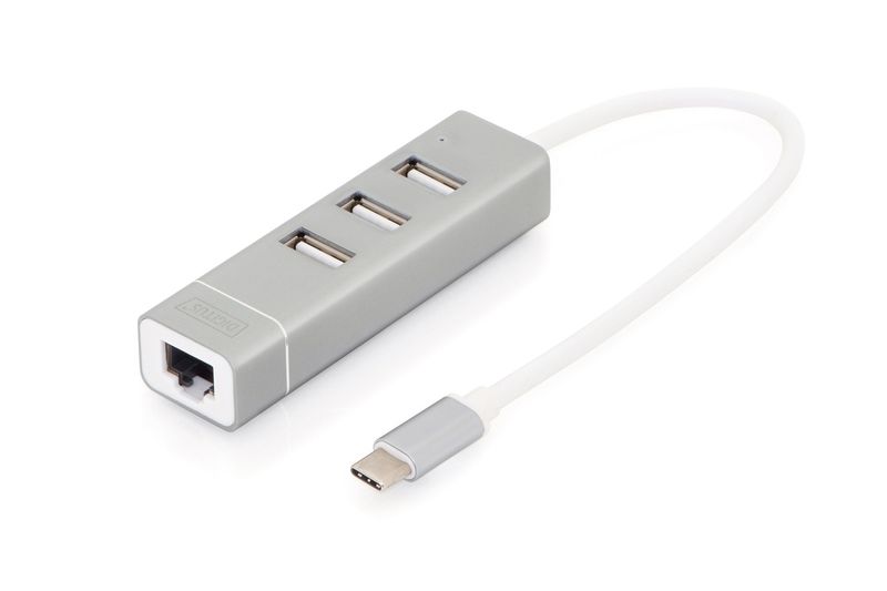 Hub-Con-3-Porte-Usb-2.0-Tipo-A-E-1-Porta-Rete-Rj45-Connettore-Maschio-Tipo-C