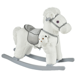 HOMCOM Cavallo a Dondolo in Peluche e Legno con Suoni e Orsetto Incluso, per Bimbi da 18-36 Mesi, 65x26x55cm, Bianco