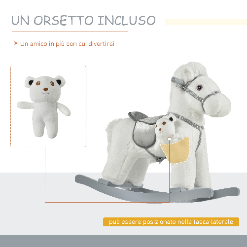 HOMCOM-Cavallo-a-Dondolo-in-Peluche-e-Legno-con-Suoni-e-Orsetto-Incluso-per-Bimbi-da-18-36-Mesi-65x26x55cm-Bianco