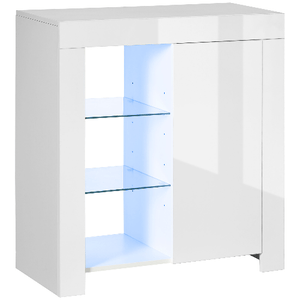 HOMCOM Mobiletto da Salotto Bianco in Truciolato e Metallo con Luci LED Blu, 3 Ripiani Aperti e Armadietto, 75x35x82 cm