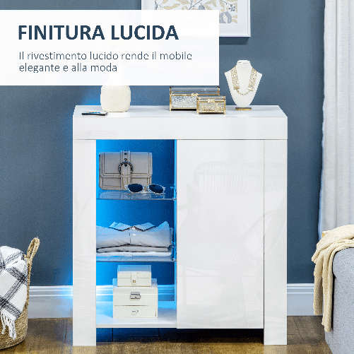HOMCOM-Mobiletto-da-Salotto-Bianco-in-Truciolato-e-Metallo-con-Luci-LED-Blu-3-Ripiani-Aperti-e-Armadietto-75x35x82-cm
