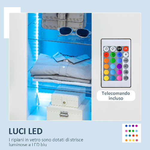 HOMCOM-Mobiletto-da-Salotto-Bianco-in-Truciolato-e-Metallo-con-Luci-LED-Blu-3-Ripiani-Aperti-e-Armadietto-75x35x82-cm