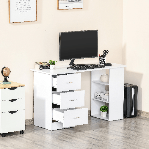 HOMCOM-Scrivania-Porta-PC-con-3-Cassetti-e-3-Ripiani-Scrivania-per-Camera-e-Ufficio-in-Legno-120x49x72cm-Bianco