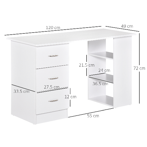 HOMCOM-Scrivania-Porta-PC-con-3-Cassetti-e-3-Ripiani-Scrivania-per-Camera-e-Ufficio-in-Legno-120x49x72cm-Bianco