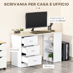 HOMCOM-Scrivania-Porta-PC-con-3-Cassetti-e-3-Ripiani-Scrivania-per-Camera-e-Ufficio-in-Legno-120x49x72cm-Bianco