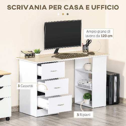 HOMCOM-Scrivania-Porta-PC-con-3-Cassetti-e-3-Ripiani-Scrivania-per-Camera-e-Ufficio-in-Legno-120x49x72cm-Bianco