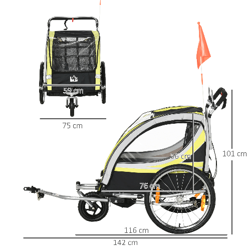 HOMCOM-Rimorchio-per-Bicicletta-per-2-Bambini-2-in-1-Passeggino-con-Cinture-di-Sicurezza-Catarifrangenti-e-Bandierina-Giallo