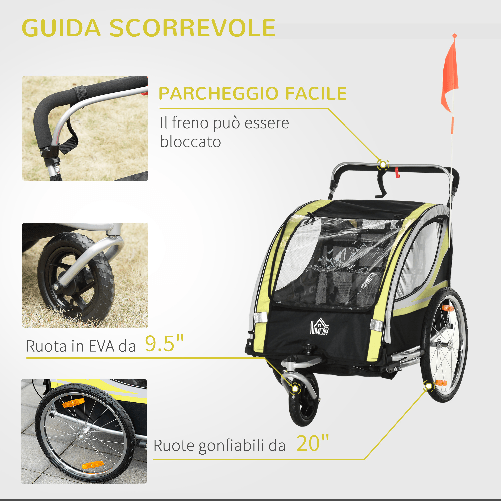 HOMCOM-Rimorchio-per-Bicicletta-per-2-Bambini-2-in-1-Passeggino-con-Cinture-di-Sicurezza-Catarifrangenti-e-Bandierina-Giallo