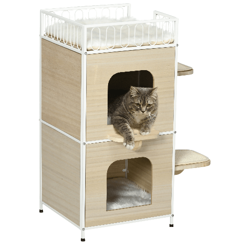 PawHut-Casetta-per-Gatti-a-3-Piani-con-Tiragraffi-e-Superficie-Recintata-40x40x84-cm-Color-Legno-e-Bianco