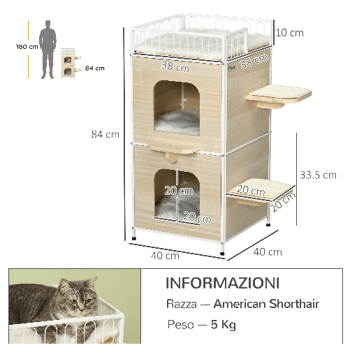 PawHut-Casetta-per-Gatti-a-3-Piani-con-Tiragraffi-e-Superficie-Recintata-40x40x84-cm-Color-Legno-e-Bianco