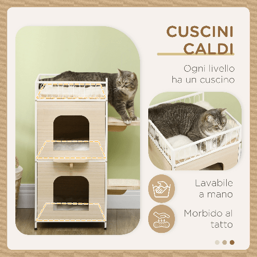 PawHut-Casetta-per-Gatti-a-3-Piani-con-Tiragraffi-e-Superficie-Recintata-40x40x84-cm-Color-Legno-e-Bianco