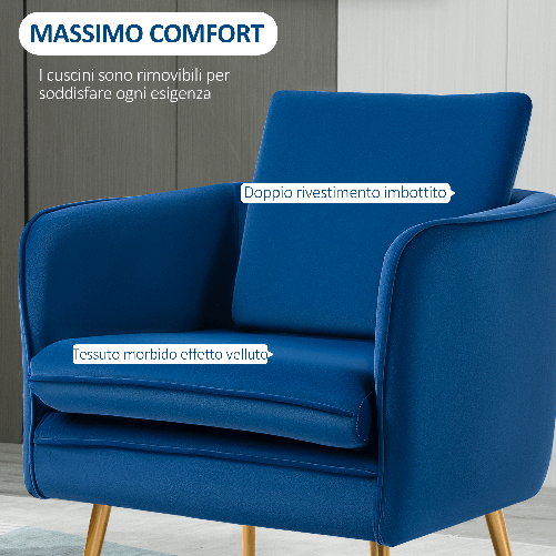 HOMCOM-Poltroncina-in-Velluto-Imbottita-con-Braccioli-63x61x80cm-Blu