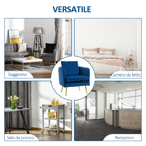 HOMCOM-Poltroncina-in-Velluto-Imbottita-con-Braccioli-63x61x80cm-Blu