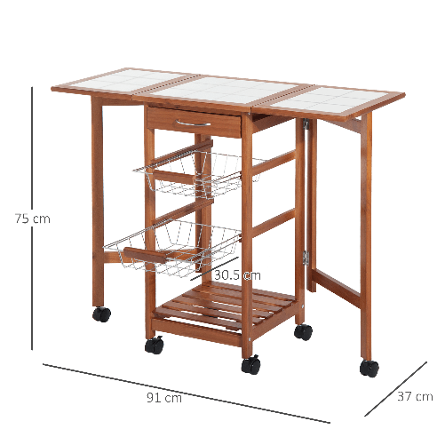 HOMCOM-Carrello-da-Cucina-con-Piano-in-Mattonella-Servizio-Ausiliare-Legno-metallo-Cromato-6-Ruote-Cassetto