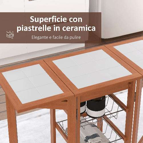 HOMCOM-Carrello-da-Cucina-con-Piano-in-Mattonella-Servizio-Ausiliare-Legno-metallo-Cromato-6-Ruote-Cassetto