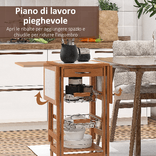 HOMCOM-Carrello-da-Cucina-con-Piano-in-Mattonella-Servizio-Ausiliare-Legno-metallo-Cromato-6-Ruote-Cassetto