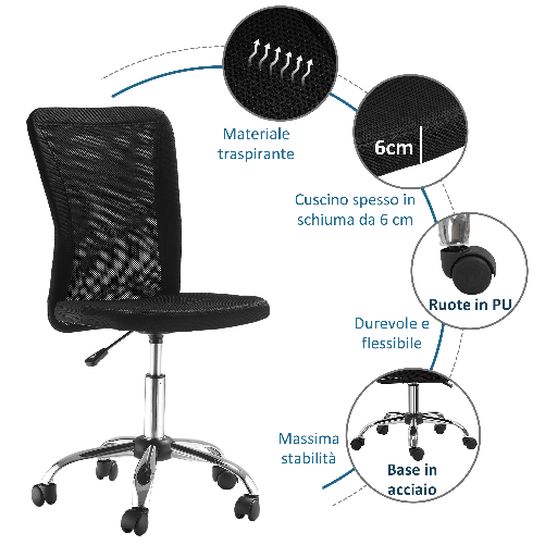 Vinsetto-Sedia-da-Ufficio-Ergonomica-Senza-Braccioli-Tessuto-Traspirante-a-Rete-Altezza-Regolabile-e-5-Ruote-43x56x90-100cm-Nero