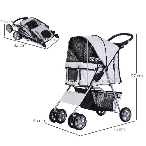 PawHut-Passeggino-per-Animali-Domestici-Pieghevole-Carrello-per-Cani-Grigio-75-x-45-x-97cm