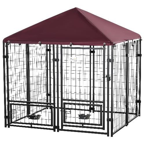 PawHut-Recinto-per-Cani-da-Esterno-con-Serratura-2-Ciotole-Girevoli-e-Copertura-Rimovibile-Nero-e-Rosso