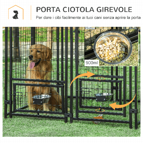 PawHut-Recinto-per-Cani-da-Esterno-con-Serratura-2-Ciotole-Girevoli-e-Copertura-Rimovibile-Nero-e-Rosso