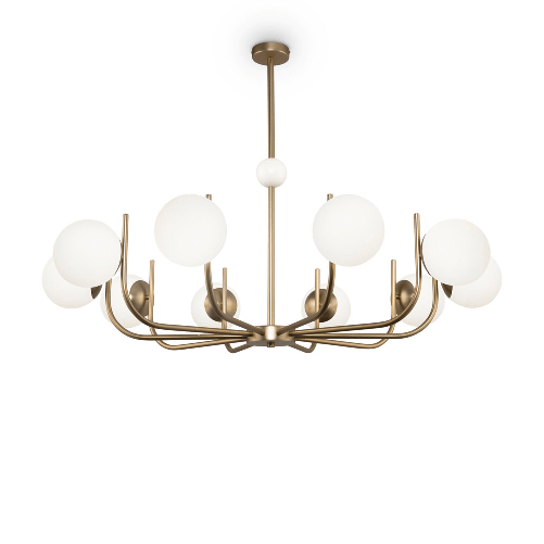 Lampadario-Contemporaneo-Rendez-Vous-Metallo-Ottone-10-Luci-E-Diffusori-Bianchi