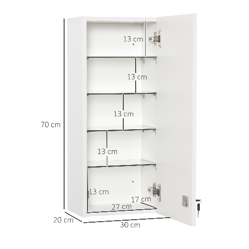 kleankin-Armadietto-Medicinali-a-Muro-con-Serratura-5-Ripiani-e-Mensole-Regolabili-in-Legno-e-Vetro-Bianco-30x20x70cm