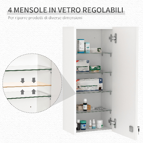 kleankin-Armadietto-Medicinali-a-Muro-con-Serratura-5-Ripiani-e-Mensole-Regolabili-in-Legno-e-Vetro-Bianco-30x20x70cm