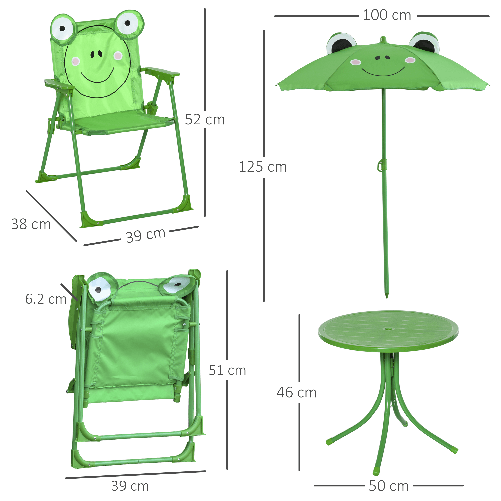 Outsunny-Set-Tavolo-da-Giardino-con-2-Sedie-Pieghevoli-e-Ombrellone-per-Bambini-in-Metallo-e-Poliestere-Verde